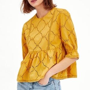 Zara mustard babydoll blouse with eyelet
